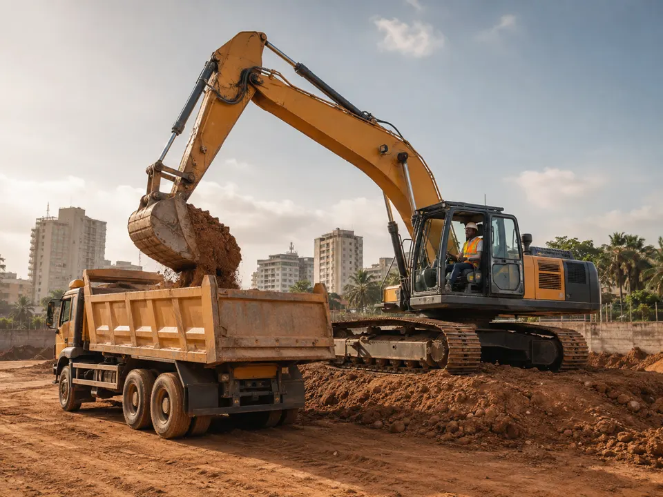 Engins BTP disponibles à la location sur un chantier africain
